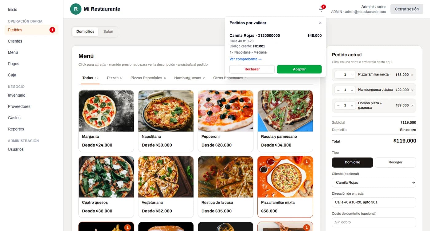Pantalla de pedidos y menú de FoodOne, con aviso de pedido por validar